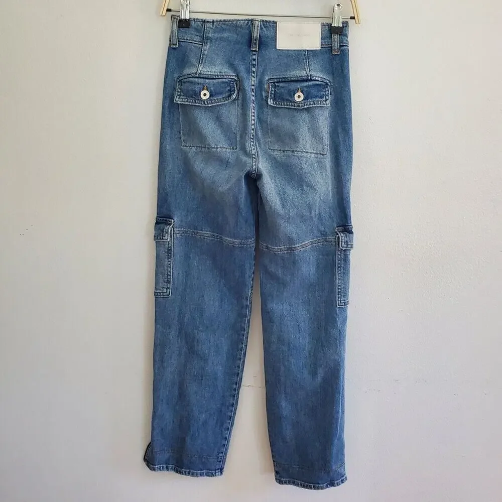 Jonathan Simkhai Payton Denim Cargo Jeans Mid Rise Straight Leg Zipper‎ Hem